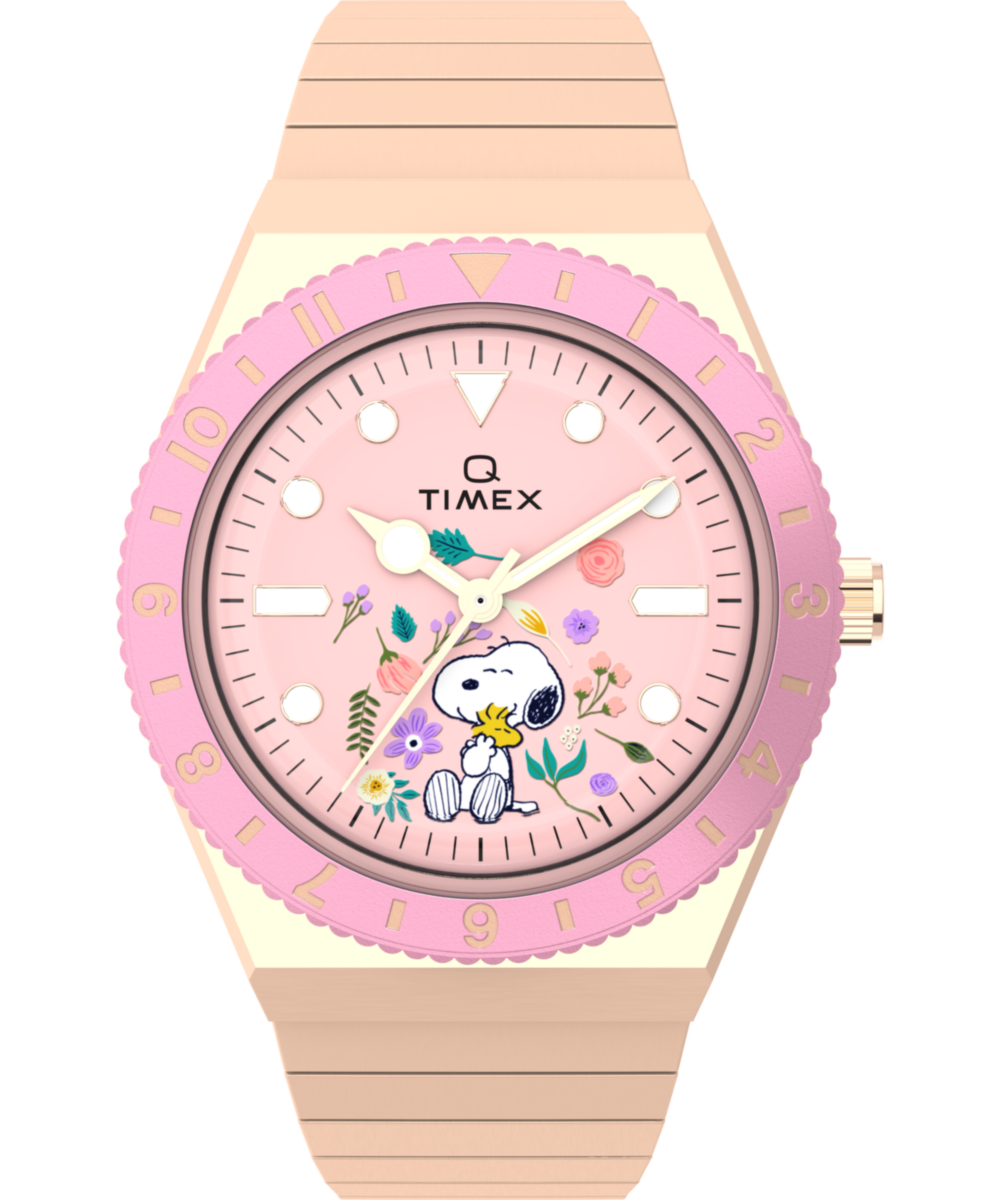 Timex x Peanuts® Q Timex® In Bloom 36mm Stainless Steel Expansion Band Watch