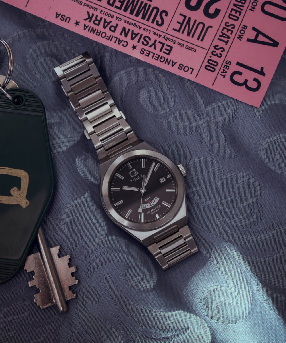 Q Timex® Continental GMT 39mm Stainless Steel Bracelet Watch