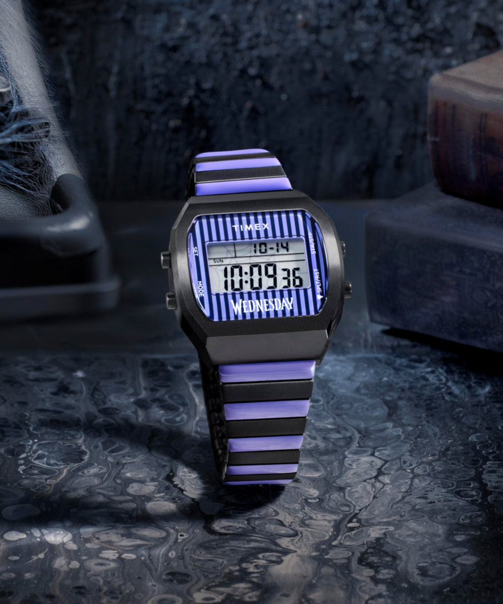 Timex x Wednesday T80 36mm Stainless Steel Black and Purple Expansion Band Watch